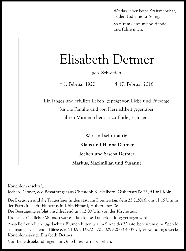  Traueranzeige für Elisabeth Detmer vom 20.02.2016 aus Kölner Stadt-Anzeiger / Kölnische Rundschau / Express