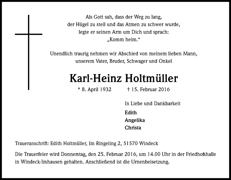  Traueranzeige für Karl-Heinz Holtmüller vom 20.02.2016 aus Kölner Stadt-Anzeiger / Kölnische Rundschau / Express