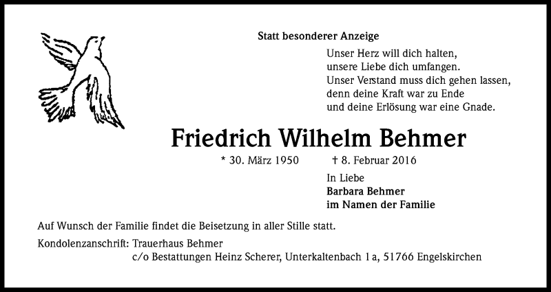  Traueranzeige für Friedrich Wilhelm Behmer vom 12.02.2016 aus Kölner Stadt-Anzeiger / Kölnische Rundschau / Express