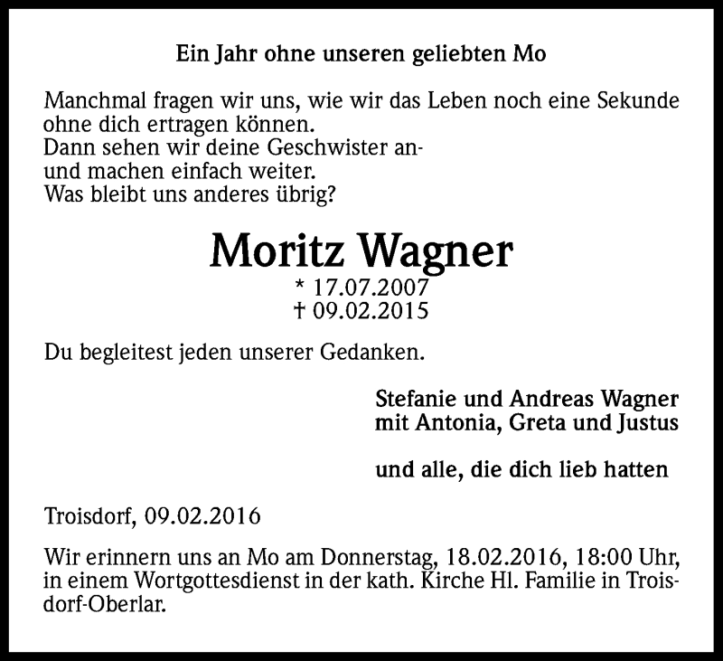  Traueranzeige für Moritz Wagner vom 09.02.2016 aus Kölner Stadt-Anzeiger / Kölnische Rundschau / Express