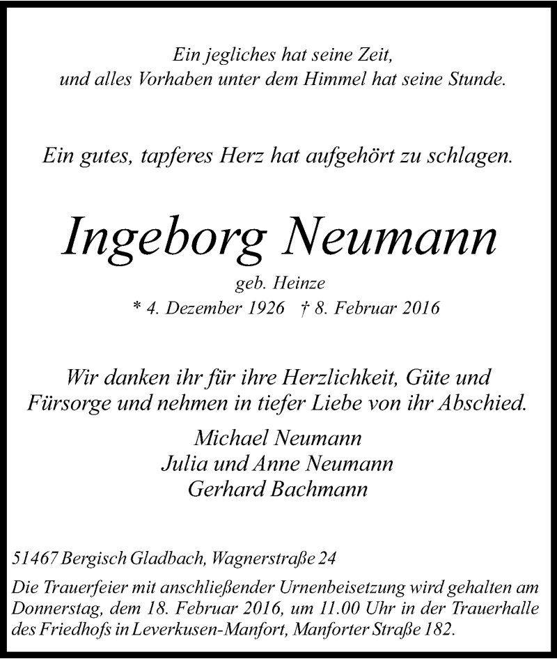  Traueranzeige für Ingeborg Neumann vom 12.02.2016 aus Kölner Stadt-Anzeiger / Kölnische Rundschau / Express