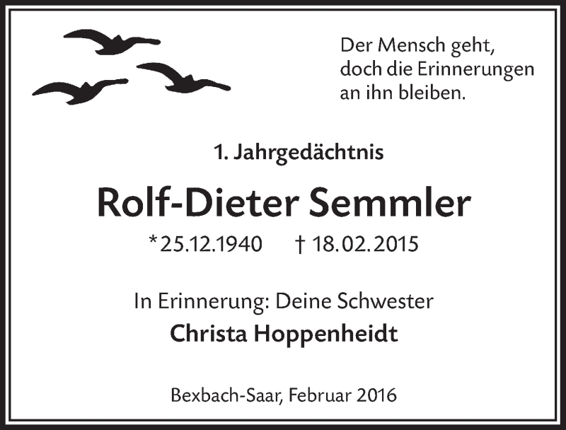  Traueranzeige für Rolf-Dieter Semmler vom 17.02.2016 aus  Lokalanzeiger 