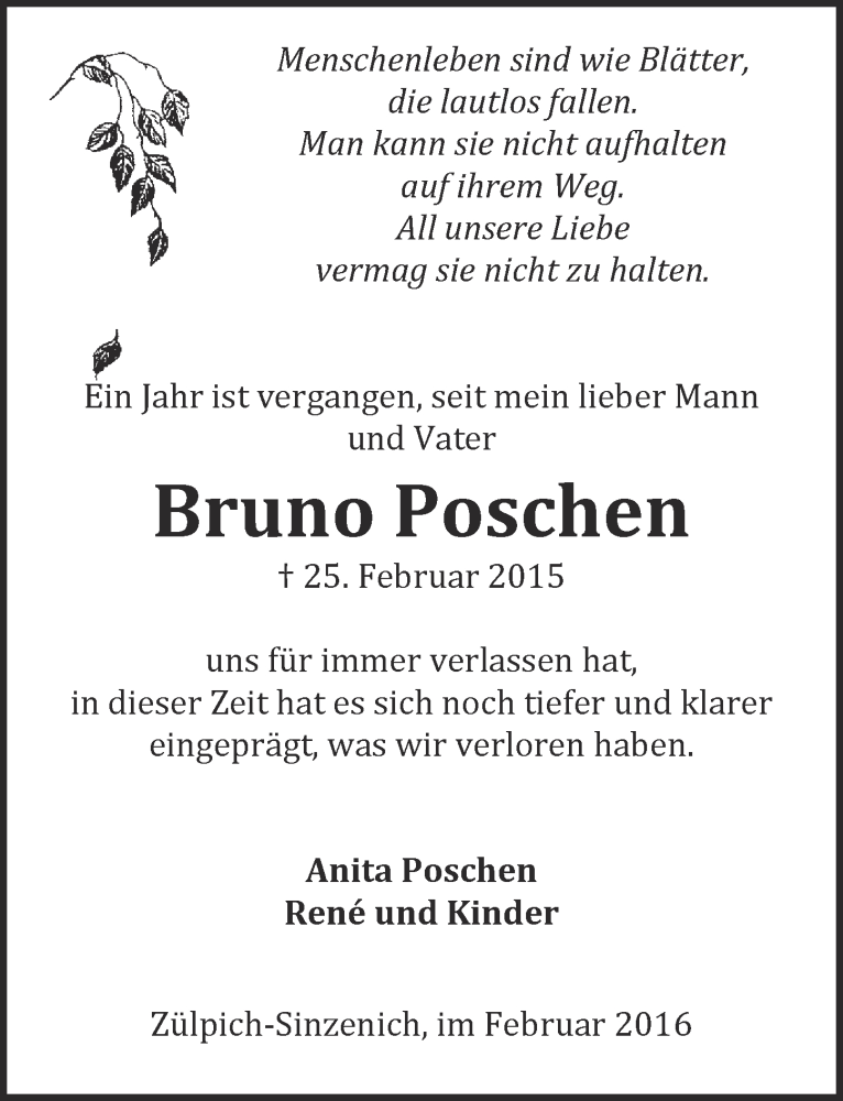 Traueranzeige für Bruno Poschen vom 21.02.2016 aus  Blickpunkt Euskirchen 