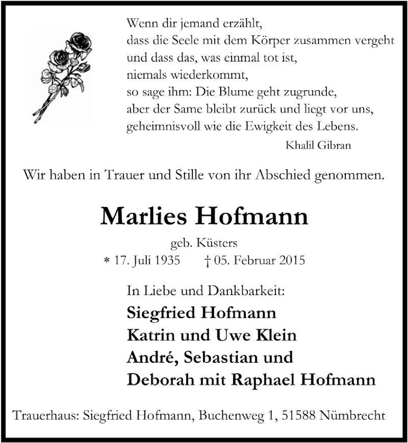  Traueranzeige für Marlies Hofmann vom 10.02.2016 aus  Lokalanzeiger 