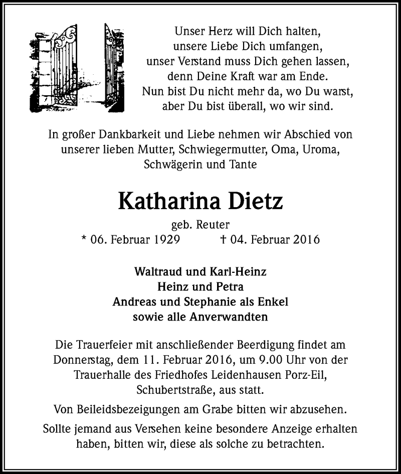  Traueranzeige für Katharina Dietz vom 09.02.2016 aus Kölner Stadt-Anzeiger / Kölnische Rundschau / Express