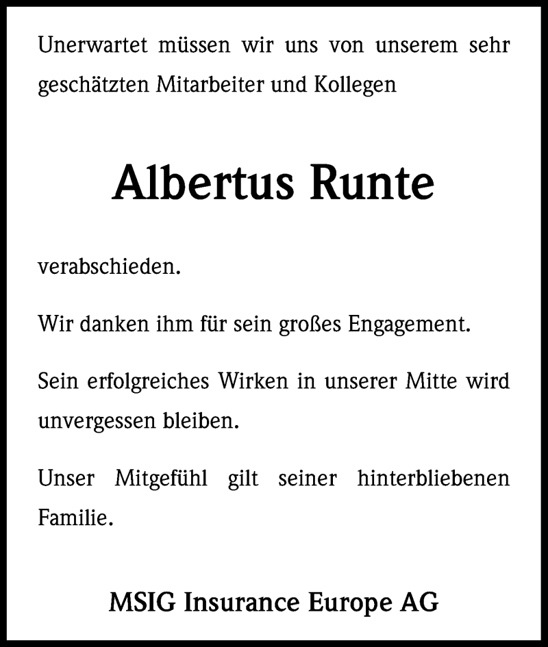  Traueranzeige für Albertus M. Runte vom 10.02.2016 aus Kölner Stadt-Anzeiger / Kölnische Rundschau / Express