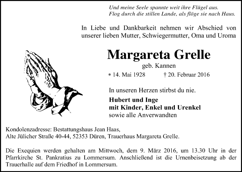  Traueranzeige für Margareta Grelle vom 28.02.2016 aus  Blickpunkt Euskirchen 