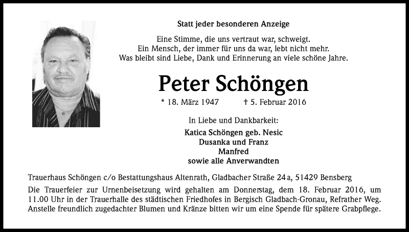  Traueranzeige für Peter Schöngen vom 12.02.2016 aus Kölner Stadt-Anzeiger / Kölnische Rundschau / Express