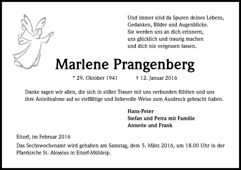  Traueranzeige für Marlene Prangenberg vom 13.02.2016 aus Kölner Stadt-Anzeiger / Kölnische Rundschau / Express