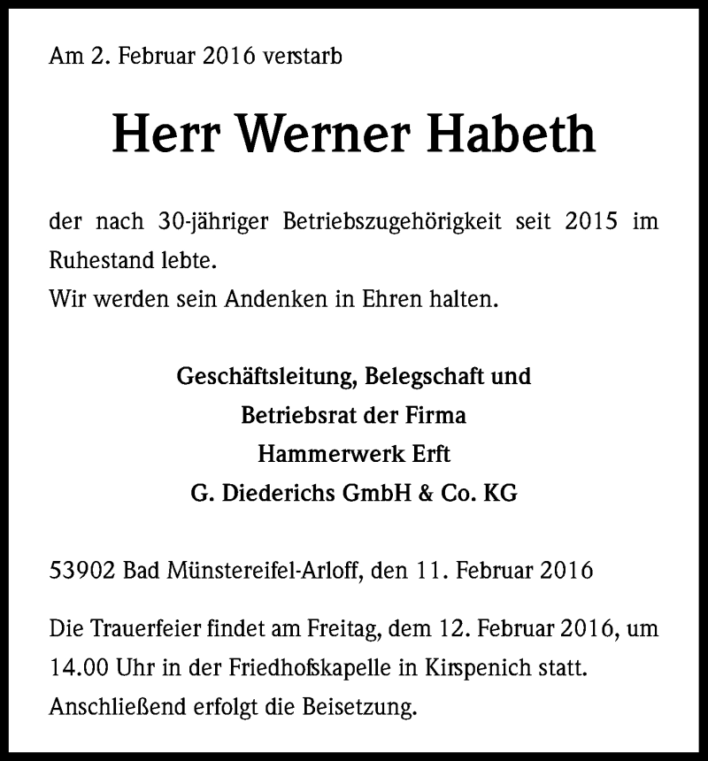  Traueranzeige für Werner Habeth vom 12.02.2016 aus Kölner Stadt-Anzeiger / Kölnische Rundschau / Express