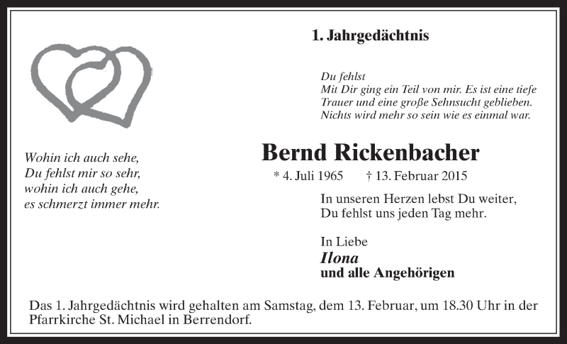  Traueranzeige für Bernd Rickenbacher vom 10.02.2016 aus  Werbepost 