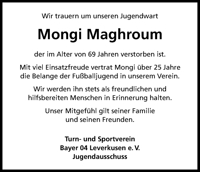  Traueranzeige für Mongi Maghroum vom 12.02.2016 aus Kölner Stadt-Anzeiger / Kölnische Rundschau / Express