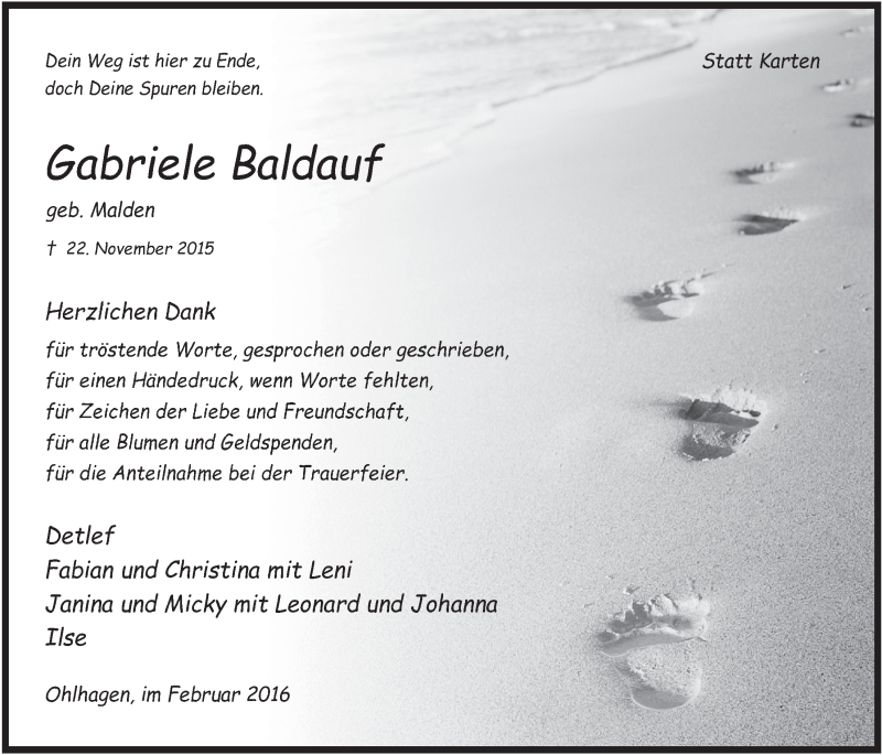  Traueranzeige für Gabriele Baldauf vom 03.02.2016 aus  Anzeigen Echo 