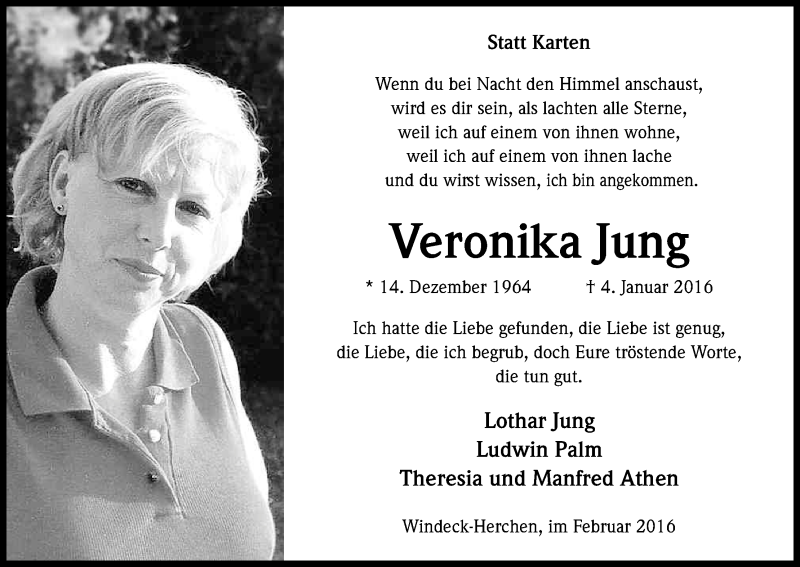  Traueranzeige für Veronika Jung vom 13.02.2016 aus Kölner Stadt-Anzeiger / Kölnische Rundschau / Express