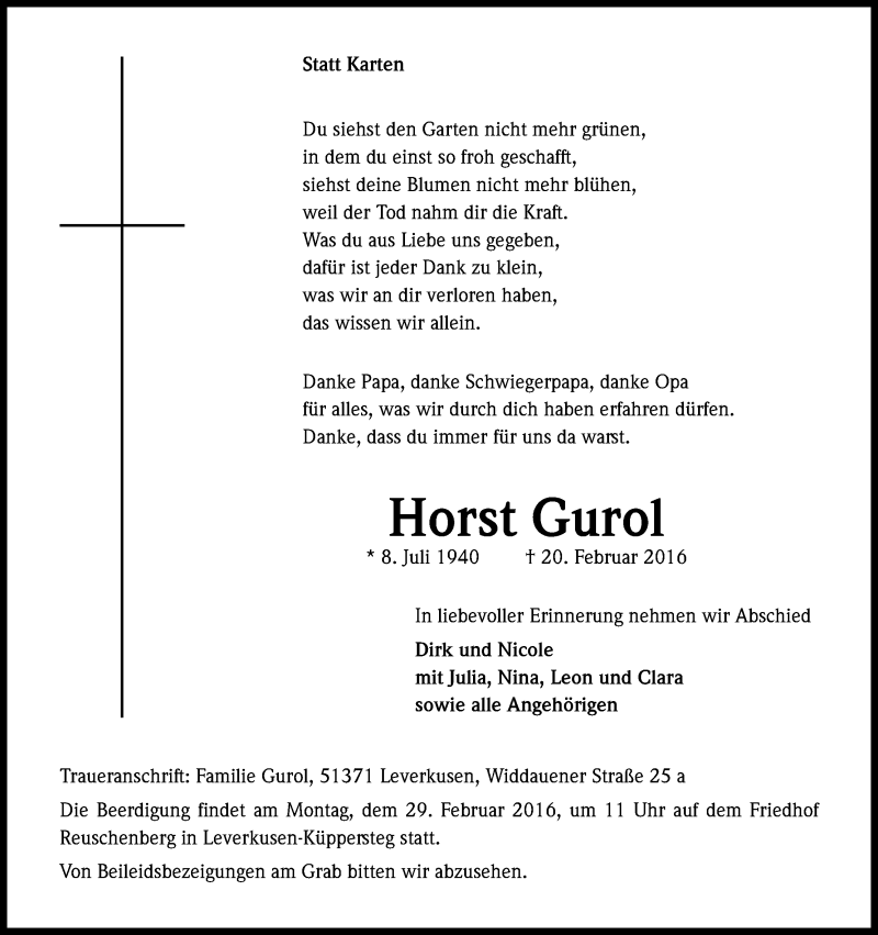  Traueranzeige für Horst Gurol vom 24.02.2016 aus Kölner Stadt-Anzeiger / Kölnische Rundschau / Express