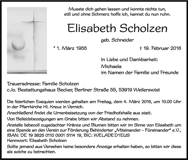  Traueranzeige für Elisabeth Scholzen vom 27.02.2016 aus Kölner Stadt-Anzeiger / Kölnische Rundschau / Express