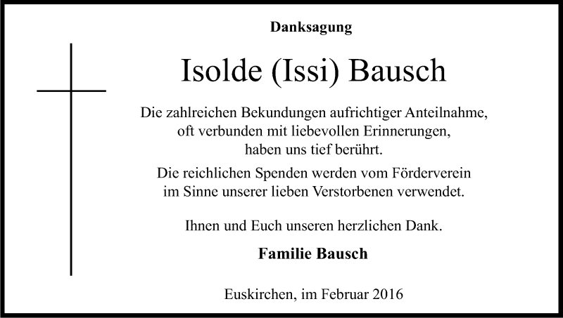  Traueranzeige für Isolde Issi Bausch vom 12.02.2016 aus Kölner Stadt-Anzeiger / Kölnische Rundschau / Express
