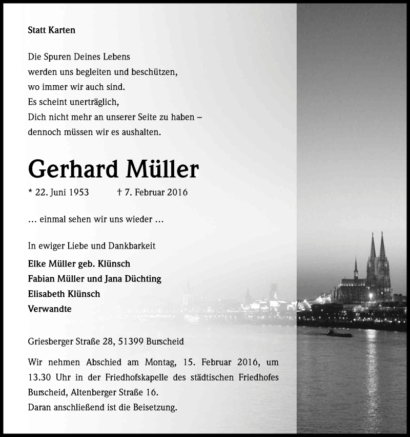  Traueranzeige für Gerhard Müller vom 11.02.2016 aus Kölner Stadt-Anzeiger / Kölnische Rundschau / Express