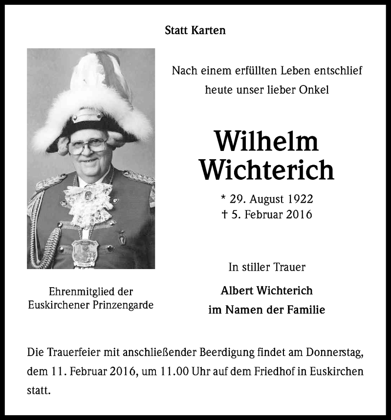 Traueranzeige für Wilhelm Wichterich vom 09.02.2016 aus Kölner Stadt-Anzeiger / Kölnische Rundschau / Express