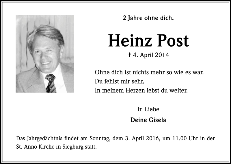 Traueranzeige für Heinz Post vom 31.03.2016 aus Kölner Stadt-Anzeiger / Kölnische Rundschau / Express