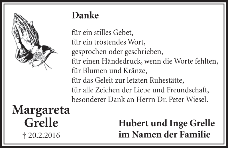  Traueranzeige für Margareta Grelle vom 16.03.2016 aus  Schlossbote/Werbekurier 