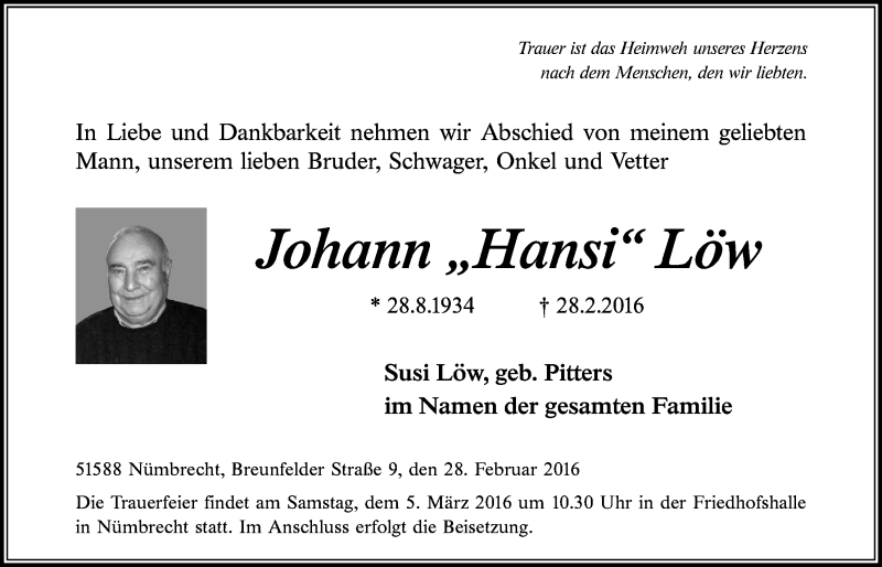  Traueranzeige für Johann  Löw vom 02.03.2016 aus  Lokalanzeiger 