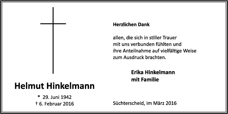  Traueranzeige für Helmut Hinkelmann vom 23.03.2016 aus  Extra Blatt 