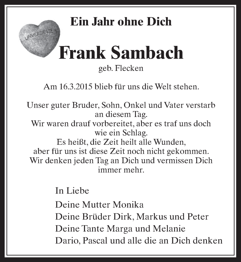  Traueranzeige für Frank Sambach vom 16.03.2016 aus  Wochenende 