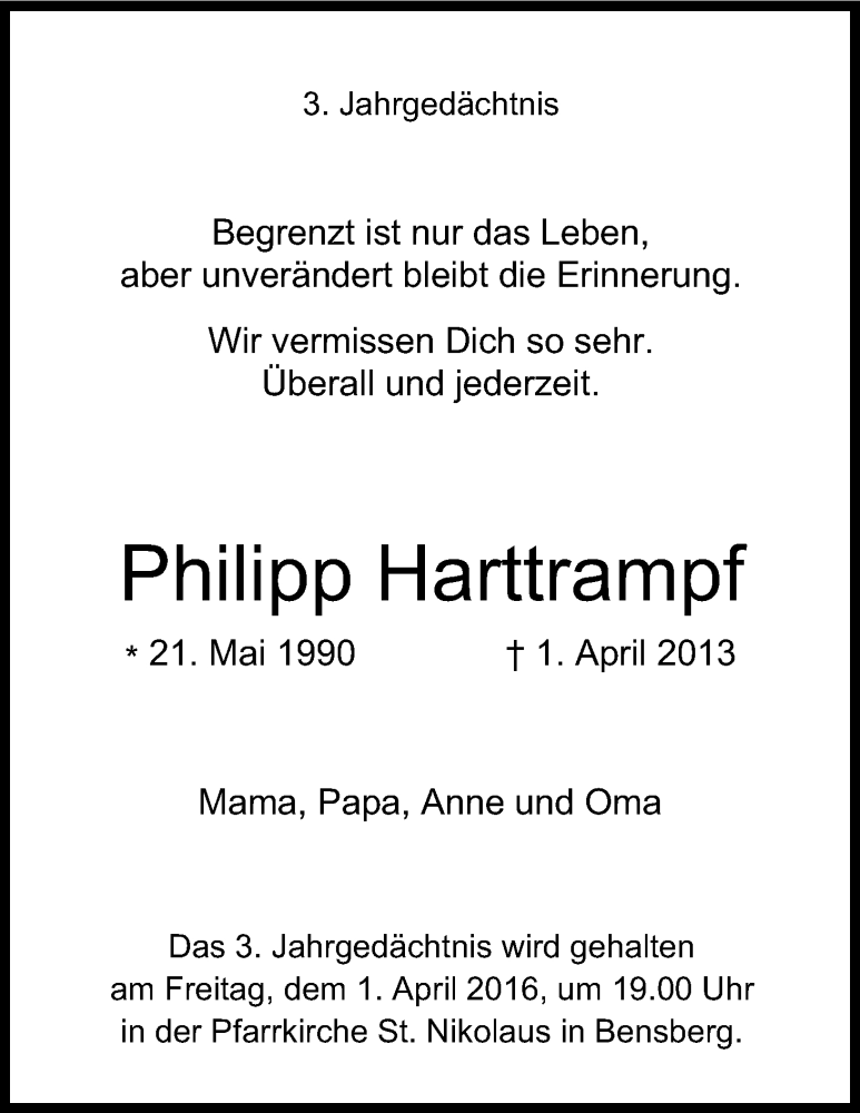  Traueranzeige für Philipp Harttrampf vom 01.04.2016 aus Kölner Stadt-Anzeiger / Kölnische Rundschau / Express