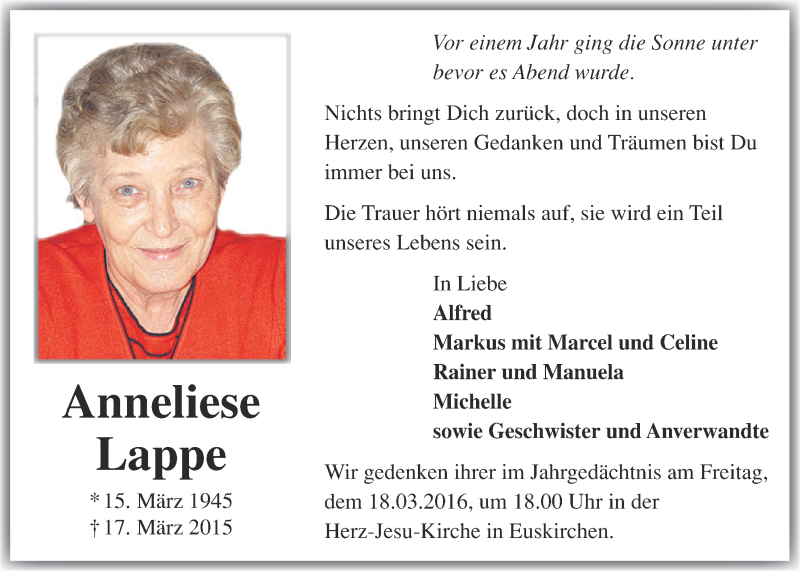  Traueranzeige für Anneliese Lappe vom 13.03.2016 aus  Blickpunkt Euskirchen 