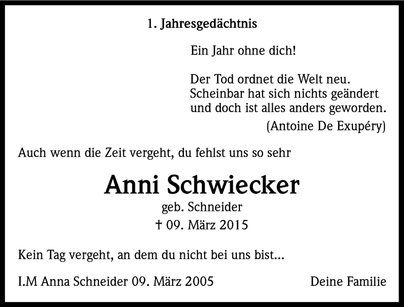  Traueranzeige für Anni Schwiecker vom 09.03.2016 aus Kölner Stadt-Anzeiger / Kölnische Rundschau / Express