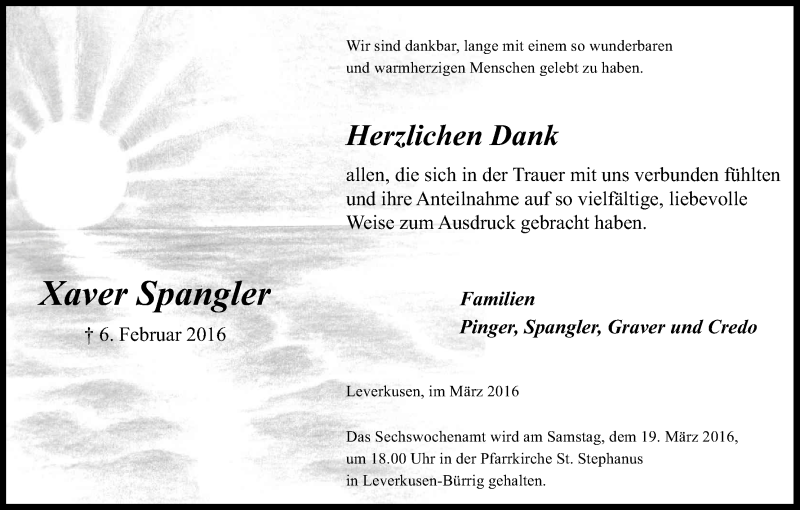  Traueranzeige für Xaver Spangler vom 12.03.2016 aus Kölner Stadt-Anzeiger / Kölnische Rundschau / Express