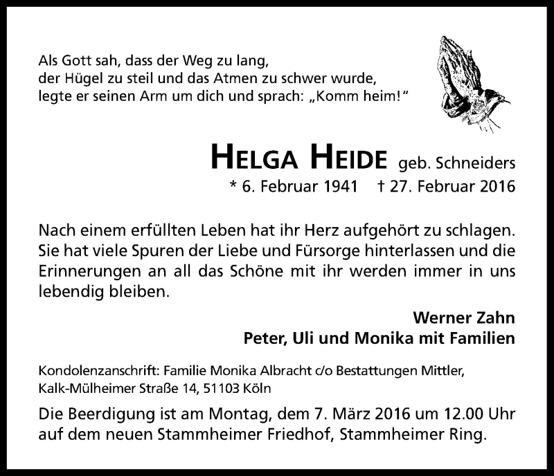  Traueranzeige für Helga Heide vom 03.03.2016 aus Kölner Stadt-Anzeiger / Kölnische Rundschau / Express