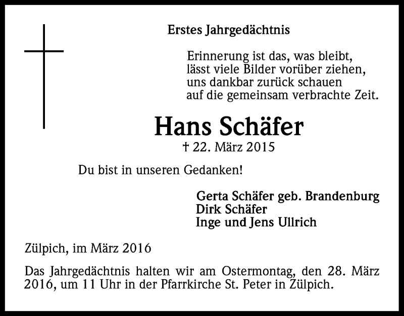  Traueranzeige für Hans Schäfer vom 19.03.2016 aus Kölner Stadt-Anzeiger / Kölnische Rundschau / Express
