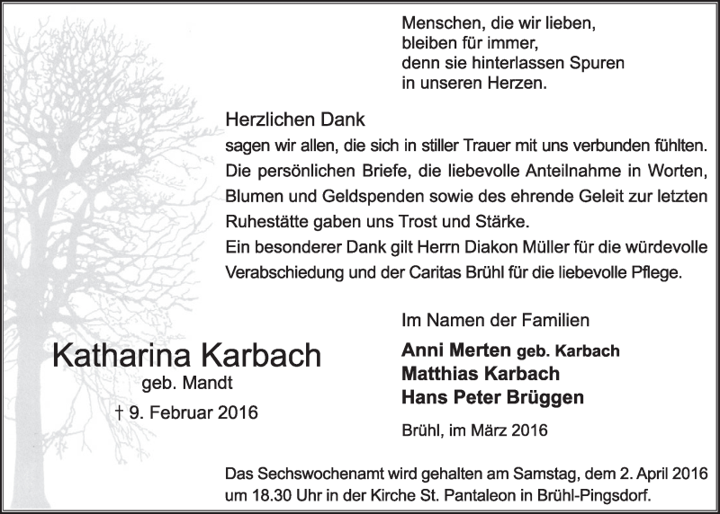  Traueranzeige für Katharina Karbach vom 23.03.2016 aus  Schlossbote/Werbekurier 