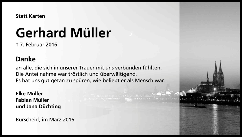  Traueranzeige für Gerhard Müller vom 19.03.2016 aus Kölner Stadt-Anzeiger / Kölnische Rundschau / Express