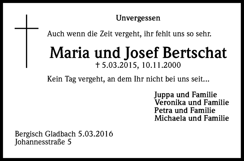  Traueranzeige für Maria Bertschat vom 05.03.2016 aus Kölner Stadt-Anzeiger / Kölnische Rundschau / Express