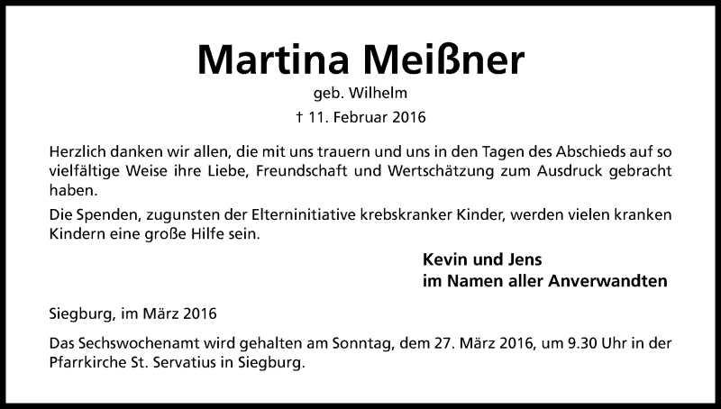  Traueranzeige für Martina Meißner vom 19.03.2016 aus Kölner Stadt-Anzeiger / Kölnische Rundschau / Express