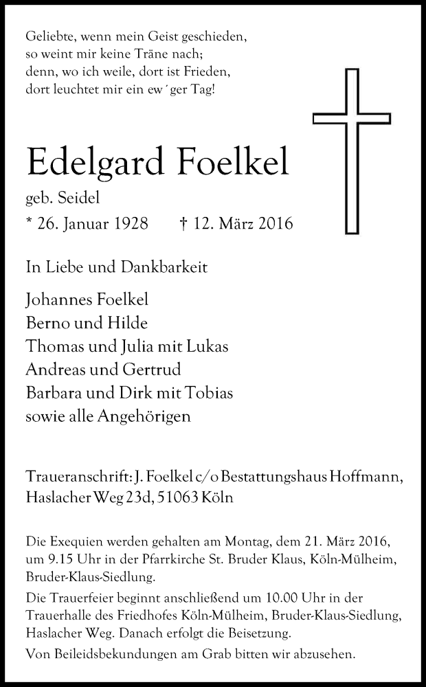  Traueranzeige für Edelgard Foelkel vom 16.03.2016 aus Kölner Stadt-Anzeiger / Kölnische Rundschau / Express