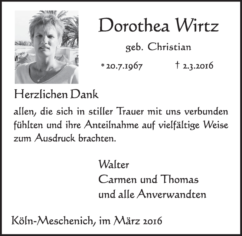  Traueranzeige für Dorothea Wirtz vom 23.03.2016 aus  Schlossbote/Werbekurier 