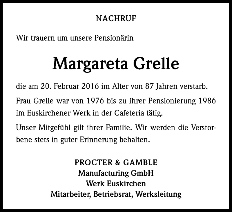  Traueranzeige für Margareta Grelle vom 05.03.2016 aus Kölner Stadt-Anzeiger / Kölnische Rundschau / Express