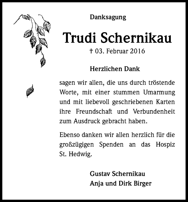 Traueranzeige für Trudi Schernikau vom 12.03.2016 aus Kölner Stadt-Anzeiger / Kölnische Rundschau / Express