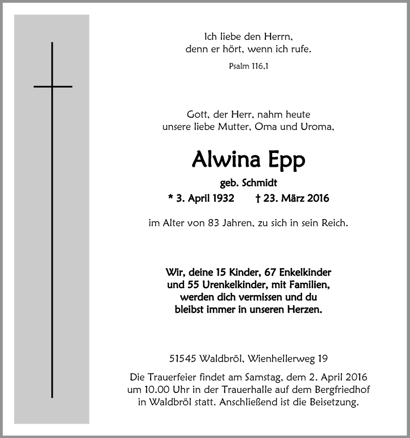  Traueranzeige für Alwina Epp vom 30.03.2016 aus  Lokalanzeiger 