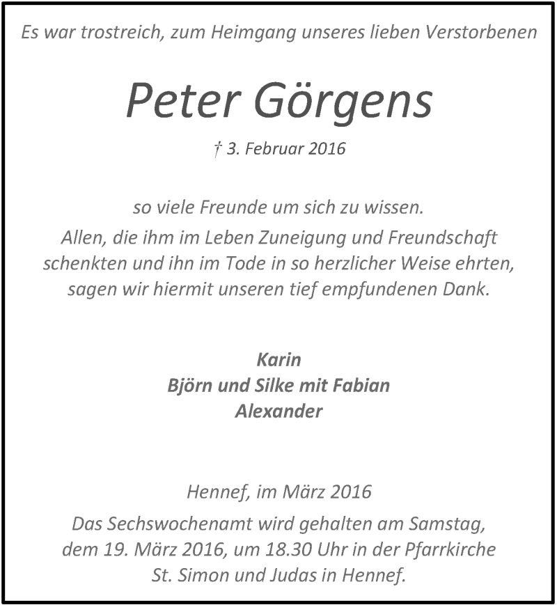  Traueranzeige für Peter Görgens vom 09.03.2016 aus  Extra Blatt 