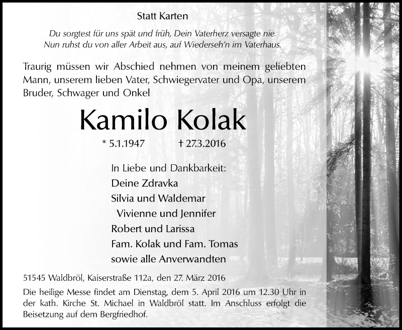  Traueranzeige für Kamilo Kolak vom 30.03.2016 aus  Lokalanzeiger 