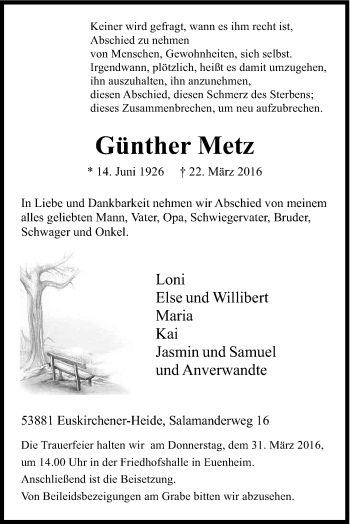 Anzeige von Günther Metz von Kölner Stadt-Anzeiger / Kölnische Rundschau / Express