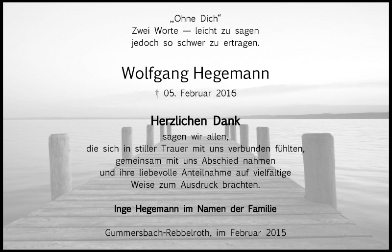  Traueranzeige für Wolfgang Hegemann vom 23.03.2016 aus  Anzeigen Echo 
