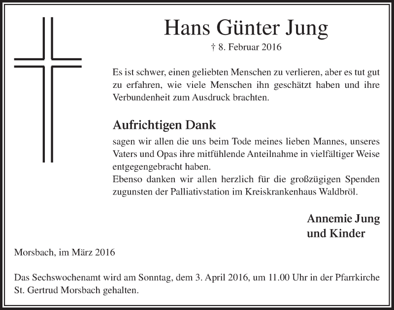  Traueranzeige für Hans Günter Jung vom 30.03.2016 aus  Lokalanzeiger 