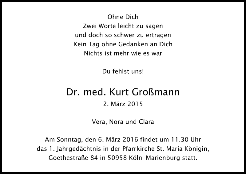  Traueranzeige für Kurt Großmann vom 05.03.2016 aus Kölner Stadt-Anzeiger / Kölnische Rundschau / Express