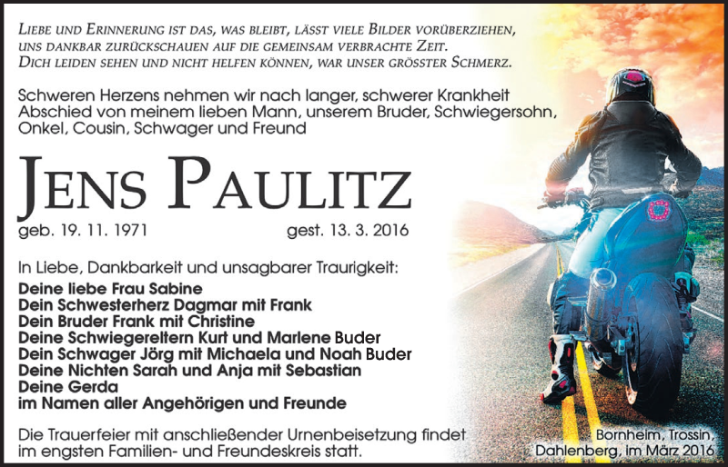  Traueranzeige für Jens Paulitz vom 23.03.2016 aus  Schaufenster/Blickpunkt 